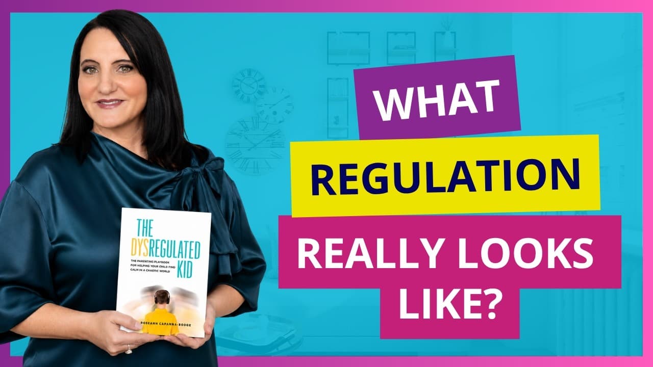 Dysregulated Kids podcast episode about what real nervous system regulation looks like, featuring Dr. Roseann holding The Dysregulated Kid