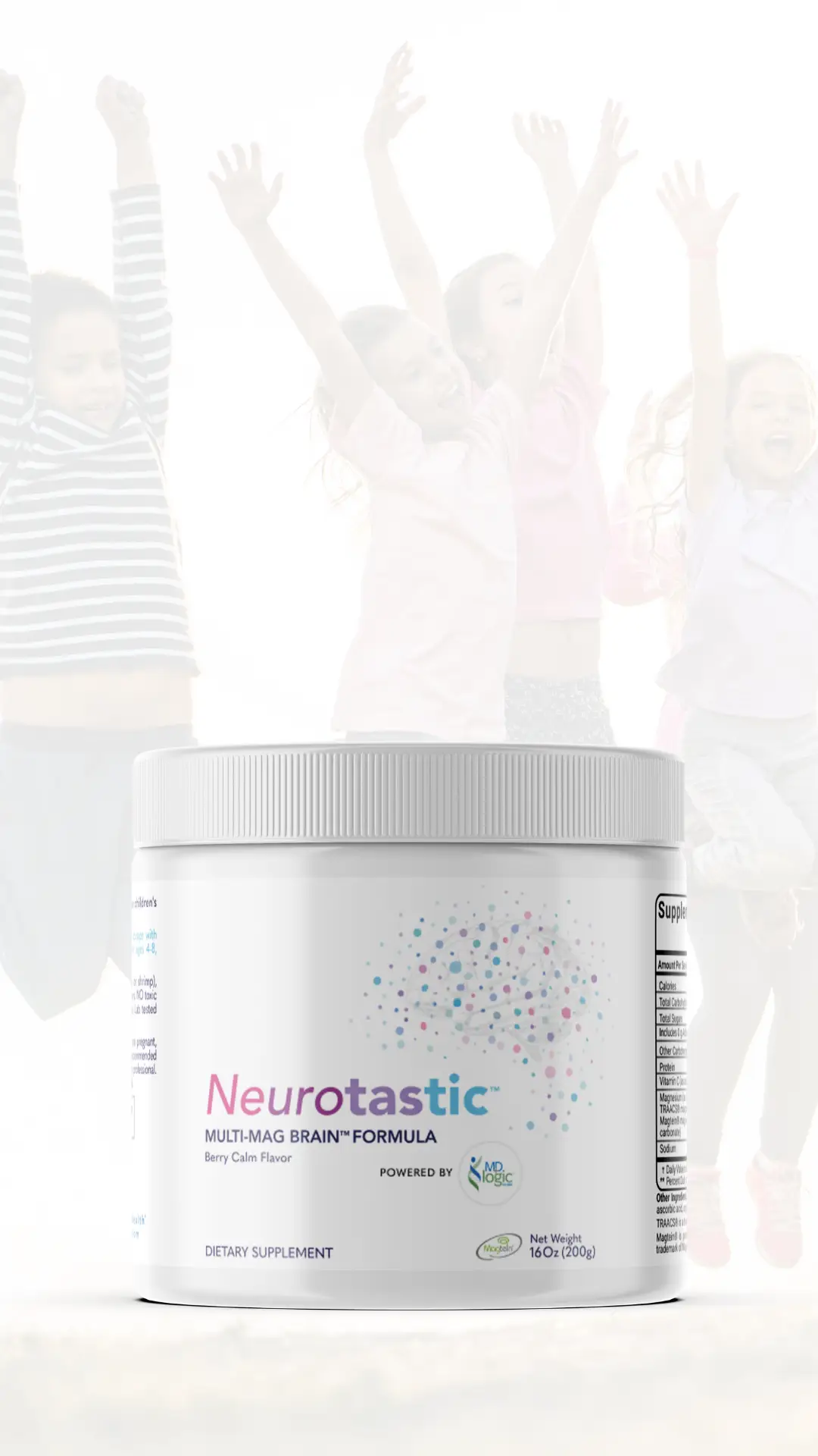 Neurotastic magnesium supplement jar with family in background