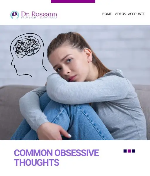 Teenage girl on couch hugging knees with thought cloud above showing scribbled lines labeled Common Obsessive Thoughts