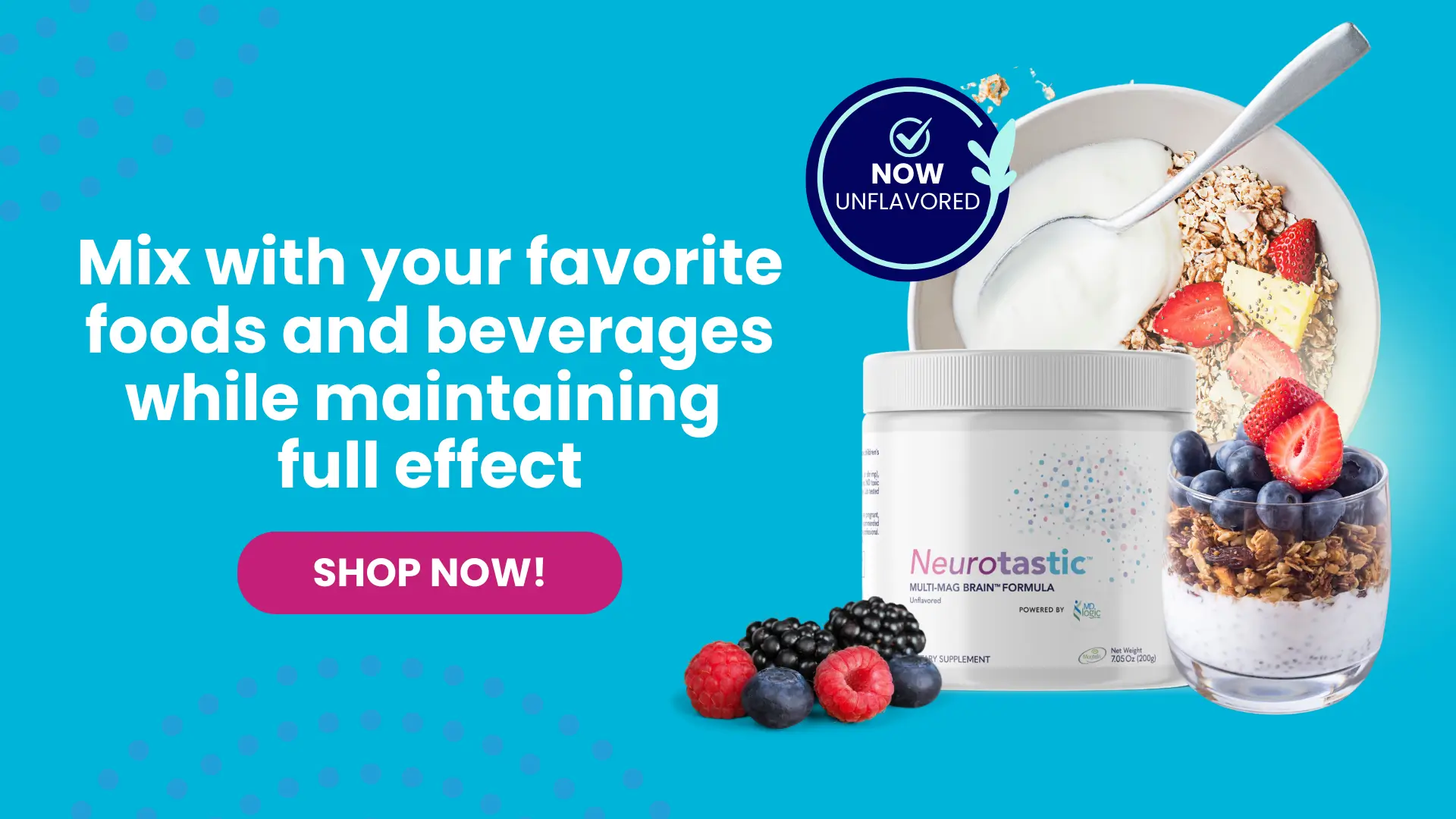 Neurotastic powder mixed with granola, berries, and yogurt in bowl