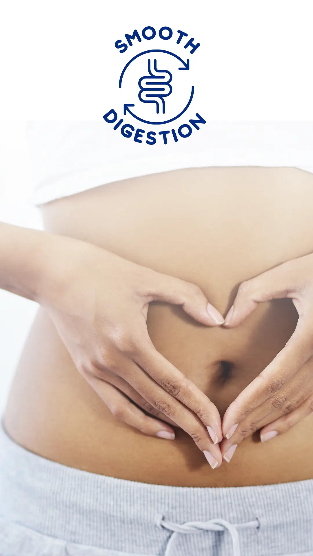 Hands forming heart shape over abdomen with smooth digestion icon