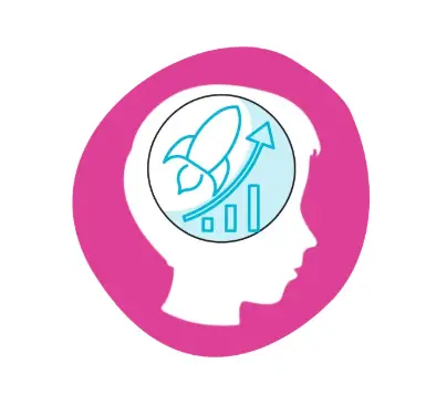 Illustration of a human head profile with a brain and growth chart icon