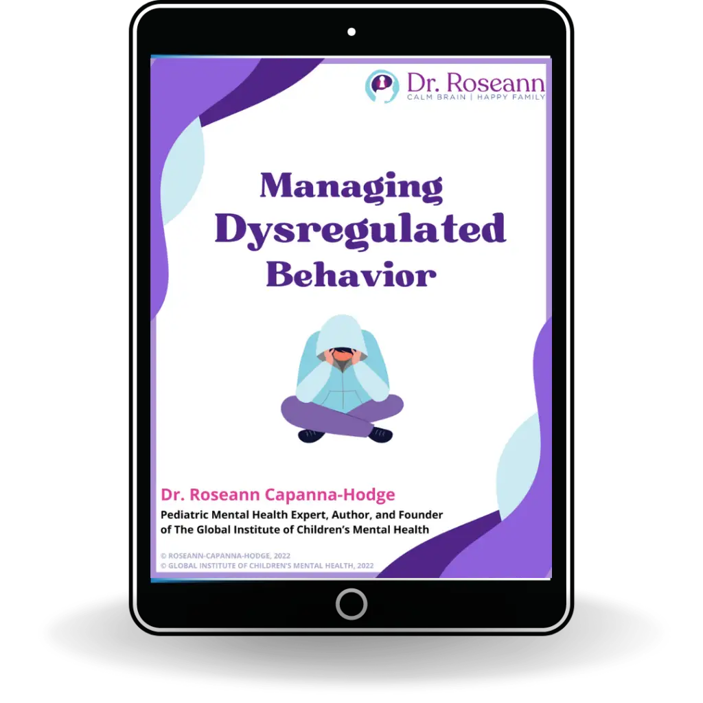Tablet mockup of Managing Dysregulated Behavior guide by Dr. Roseann