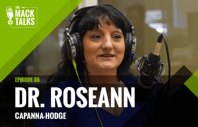 Dr. Roseann Capanna-Hodge on The Mack Talks podcast Episode 6 wearing headphones