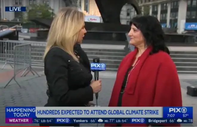 PIX 11 news segment with reporter interviewing Dr. Roseann about climate strike