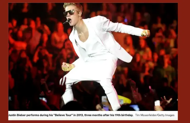 Justin Bieber performing during Believe Tour concert in 2013