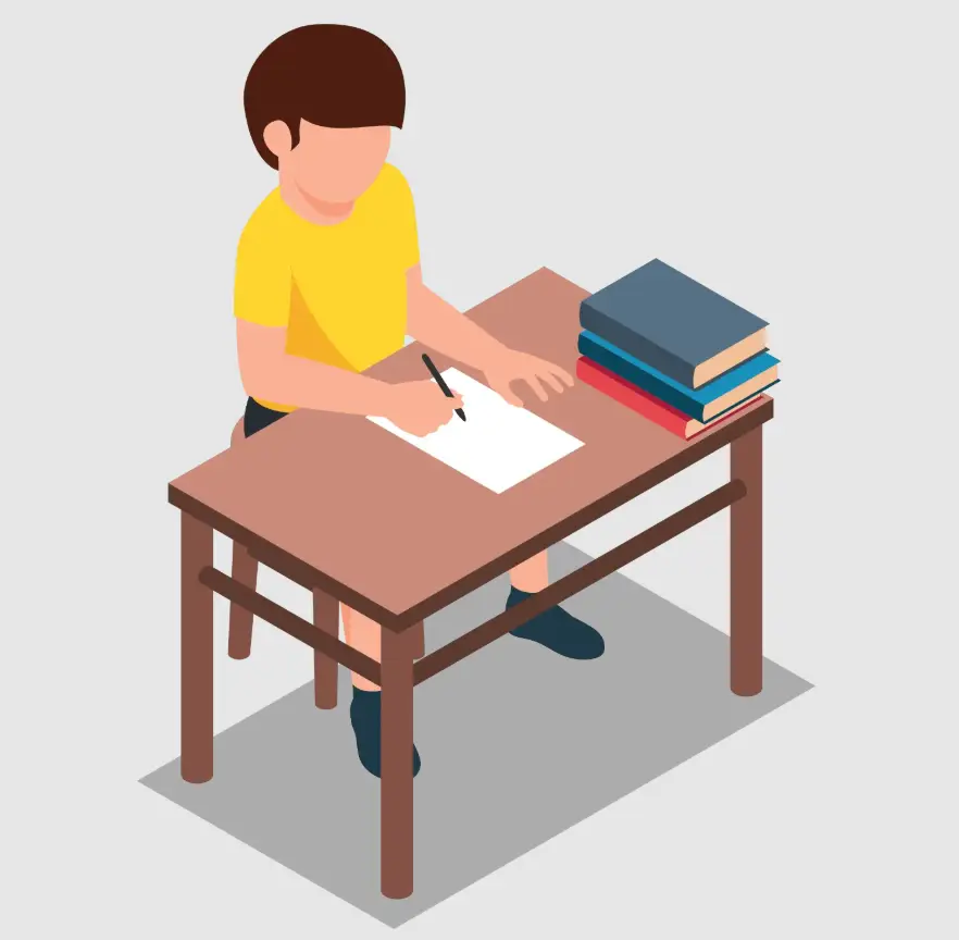 Illustrated child writing and studying at desk