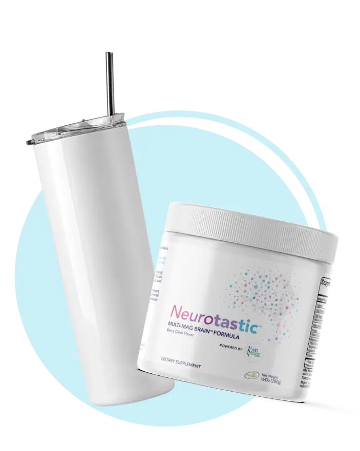 Neurotastic Multi-Mag Brain Formula shown with white tumbler and powder