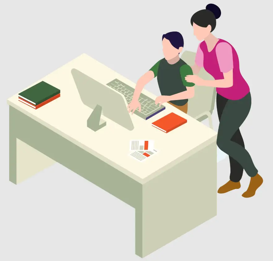 Illustrated mother and child working together at computer