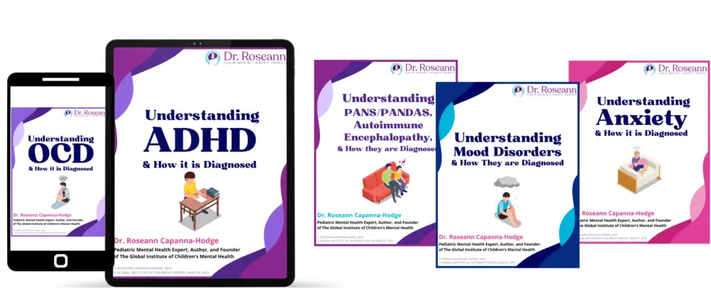 Device mockups displaying Dr. Roseann's guides for ADHD, OCD, Anxiety, and Mood Disorders