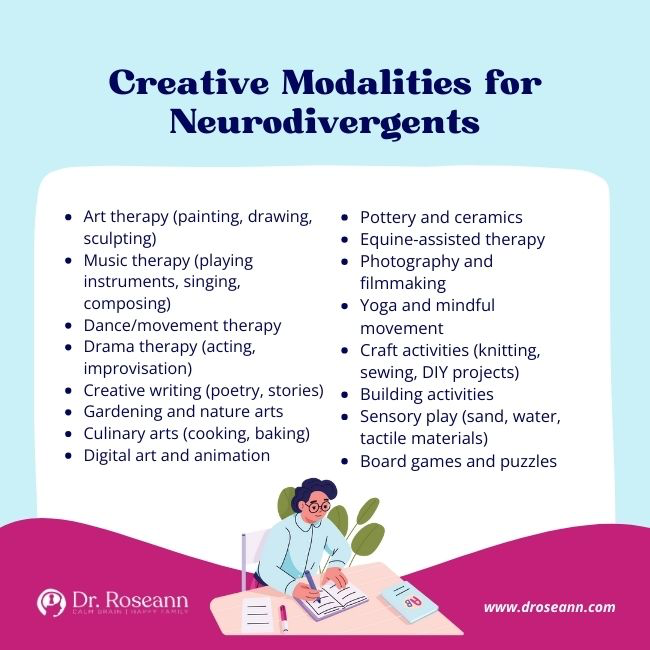 Creative Modalities for Neurodivergents Creative modalities infographic for neurodivergent individuals building self-regulation.