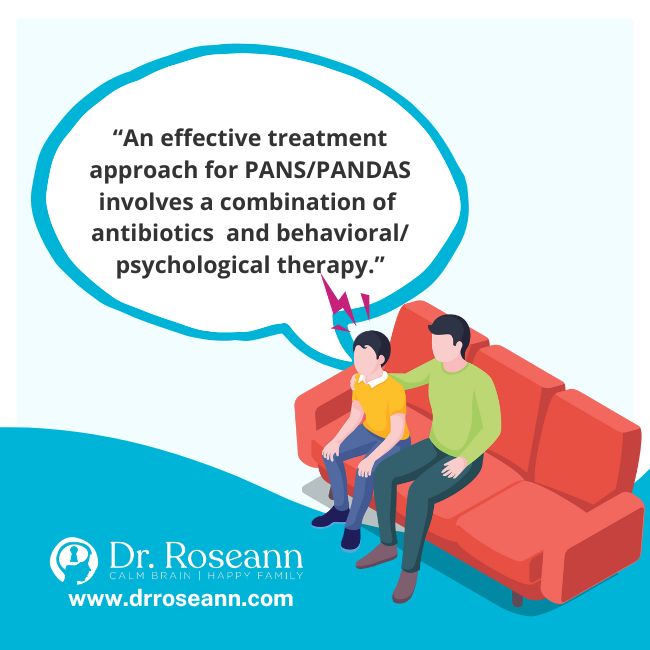 Illustration of a parent comforting a child with PANS/PANDAS, emphasizing neurofeedback and therapy as treatment options.