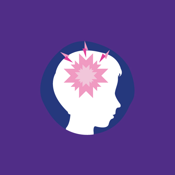 A person's head with a pink lightning bolt in it.