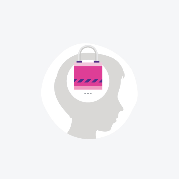 A person's head with a pink padlock in it.