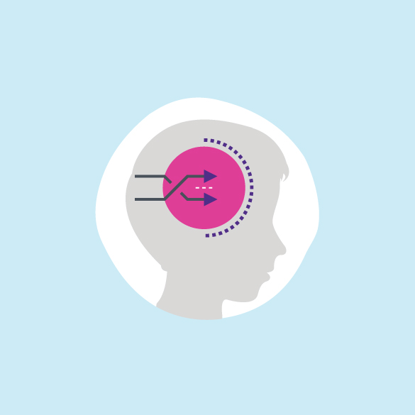 A person's head with a pink arrow in it.
