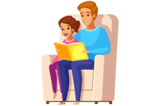 A man and a girl engaging in BrainBehaviorReset Program while sitting in a chair reading a book.
