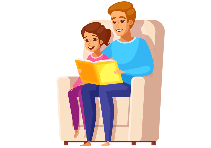 A man and a girl engaging in BrainBehaviorReset Program while sitting in a chair reading a book.