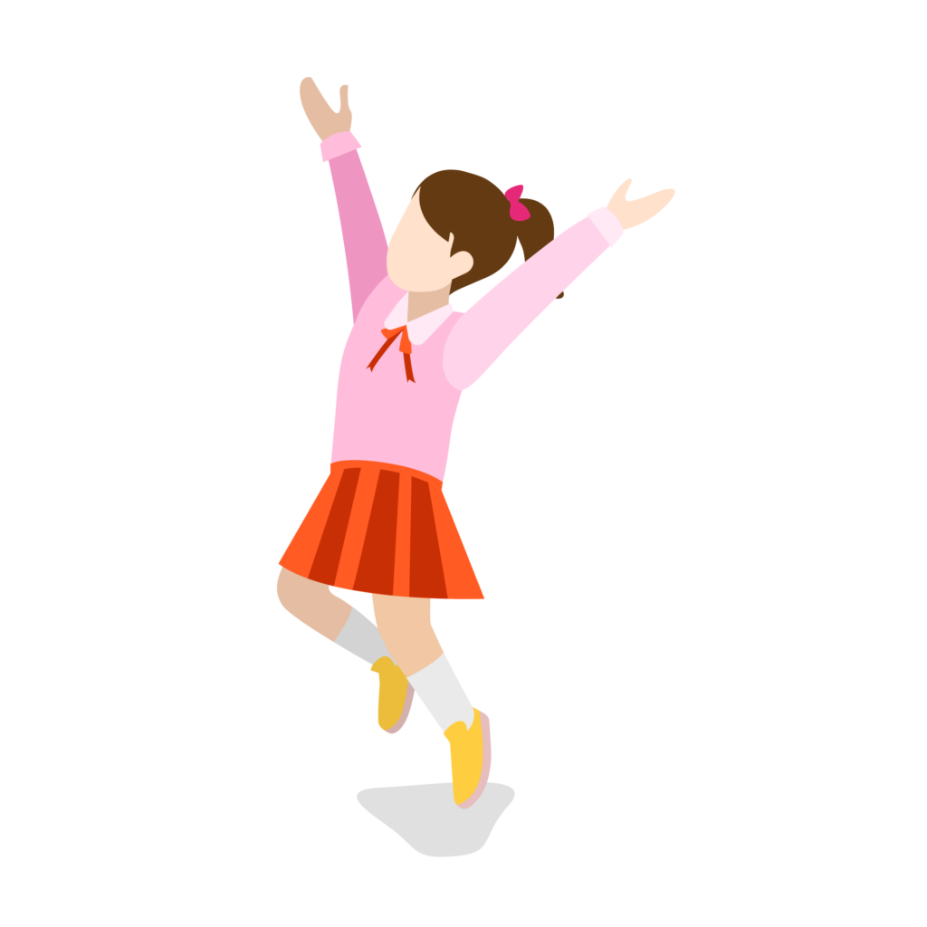 A girl practicing the BrainBehaviorReset™ Program with her arms raised in the air.