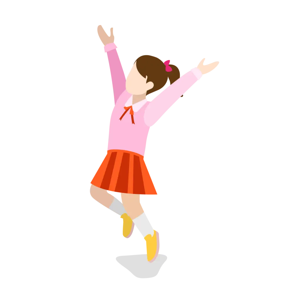 A girl practicing the BrainBehaviorReset™ Program with her arms raised in the air.