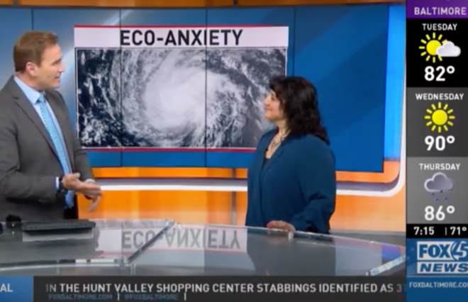 A news anchor interviews a woman on hurricane eco-anxiety, part of the media kit.