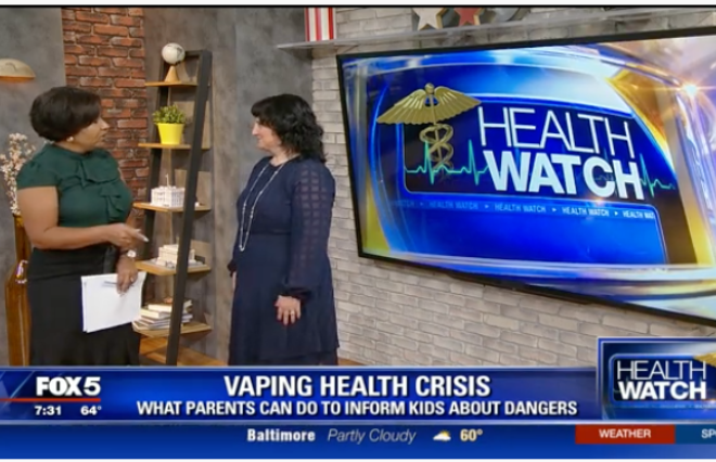 Two women on Fox News discussing the vaping health crisis while showcasing their media kit.