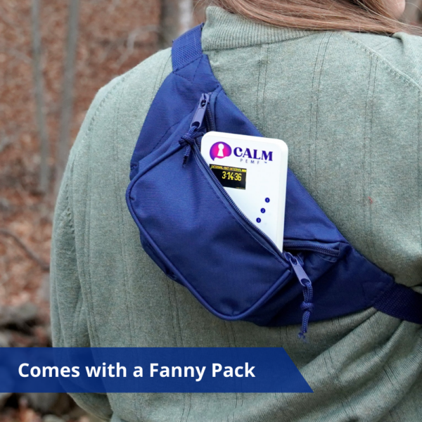 A woman wearing a blue Calm PEMF™ - Attention and Learning fanny pack.