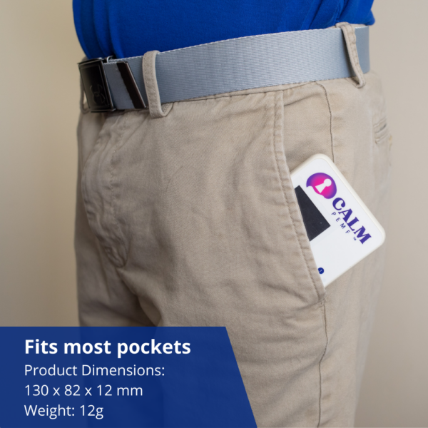 A man wearing Calm PEMF™ pants with a card in his pocket.