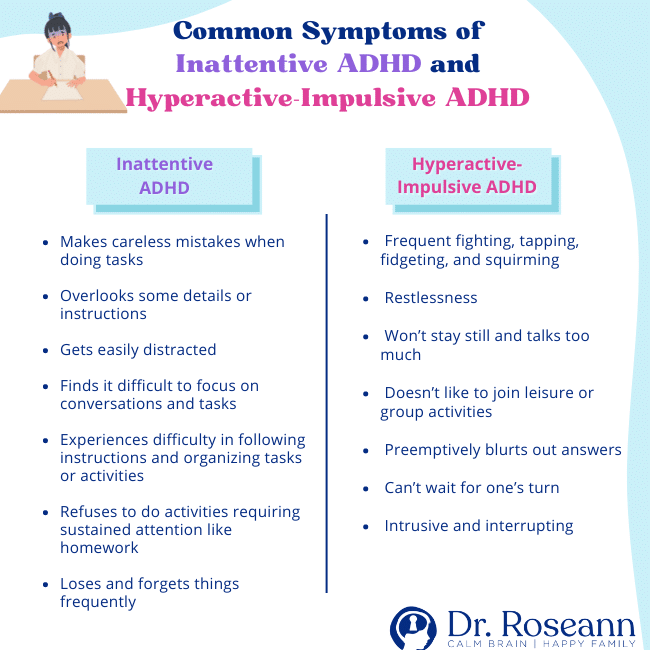 Common Symptoms of inattentive ADHD and hyperactive-impulsive ADHD