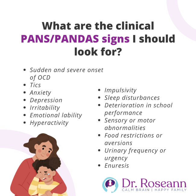 What are the clinical PANSPANDAS signs I should look for