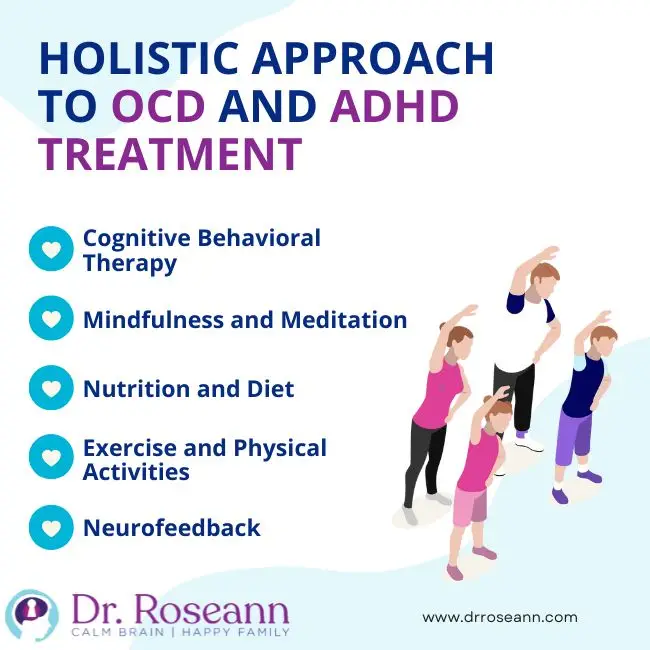 Infographic highlighting holistic treatment methods for OCD and ADHD, including cognitive behavioral therapy, mindfulness, nutrition, exercise, and neurofeedback for improved mental health and focus
