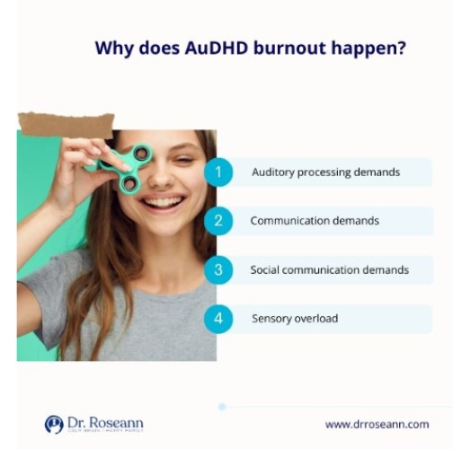 Infographic explaining why AuDHD burnout happens, listing four factors: auditory processing demands, communication demands, social communication demands, and sensory overload, shown with a child holding a fidget spinner.