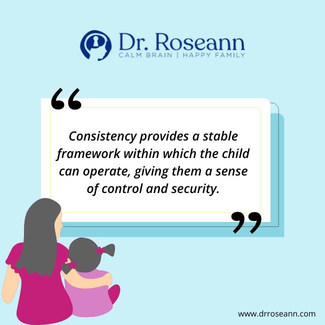 Positive parenting quote about consistency creating stability for children, featuring illustration of mother and daughter on blue background.