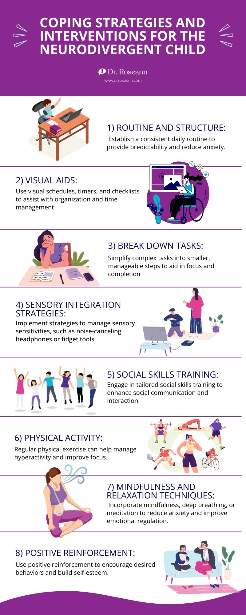 Autism Treatment Guide: Visual diagram showing 8 evidence-based coping strategies and interventions for neurodivergent children