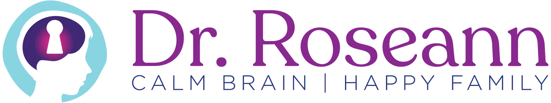 Logo featuring Dr. Roseann Capanna-Hodge with the text 'Calm Brain and Happy Family,' incorporating soothing colors and imagery such as a peaceful brain icon and a smiling family to represent emotional wellness and balanced mental health.