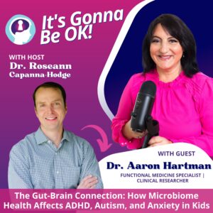 Dr. Roseann Capanna-Hodge as a guest on the podcast 'It's Gonna Be OK,' shown speaking into a microphone with podcast branding in the background, discussing mental health and emotional well-being.