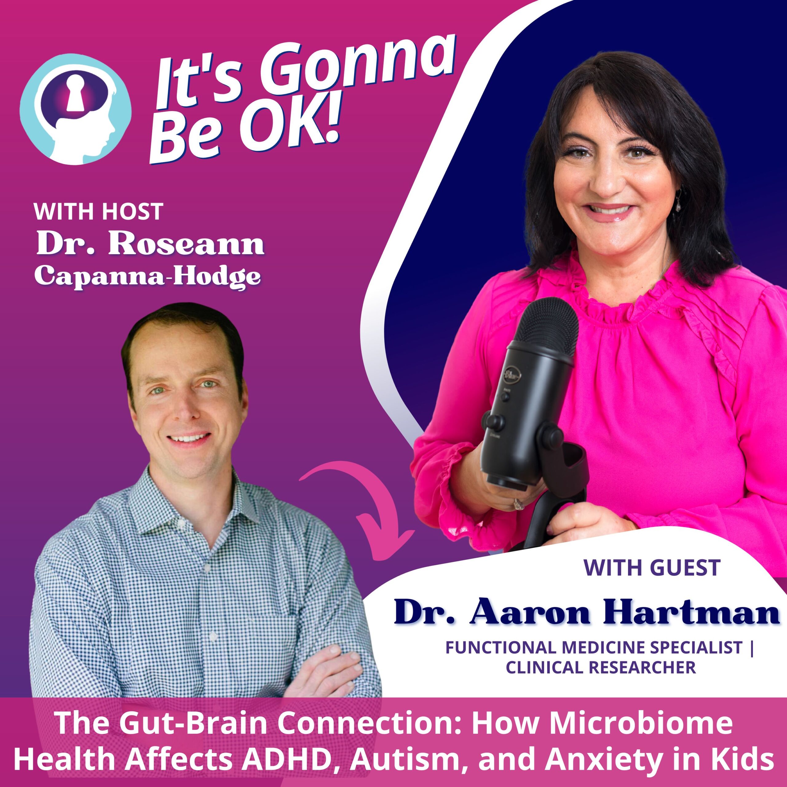 Dr. Roseann Capanna-Hodge as a guest on the podcast 'It's Gonna Be OK,' shown speaking into a microphone with podcast branding in the background, discussing mental health and emotional well-being.