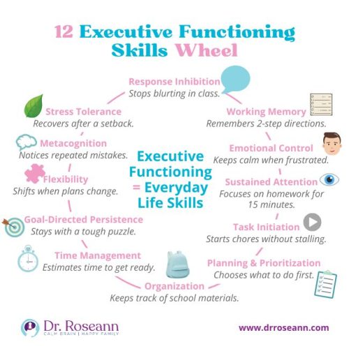 12 Executive Functioning Skills Wheel: Understanding Executive Functioning Challenges An infographic titled "12 Executive Functioning Skills Wheel," defining executive functioning as "Everyday Life Skills." It illustrates and describes twelve key skills: Response Inhibition, Working Memory, Emotional Control, Sustained Attention, Task Initiation, Planning & Prioritization, Organization, Time Management, Goal-Directed Persistence, Flexibility, Metacognition, and Stress Tolerance.