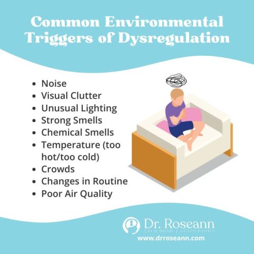 Top Environmental Causes of Dysregulation | Common Triggers & Solutions Infographic showing common environmental causes of dysregulation, including noise, visual clutter, unusual lighting, strong smells, chemical smells, extreme temperatures, crowds, changes in routine, and poor air quality.