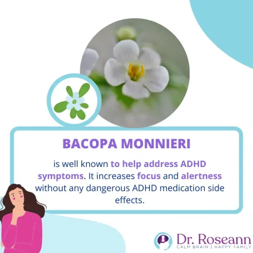 Bacopa Monnieri for ADHD: Natural Way to Improve Focus and Alertness Infographic highlighting Bacopa Monnieri as a natural remedy that helps reduce ADHD symptoms by improving focus and alertness without harmful medication side effects.