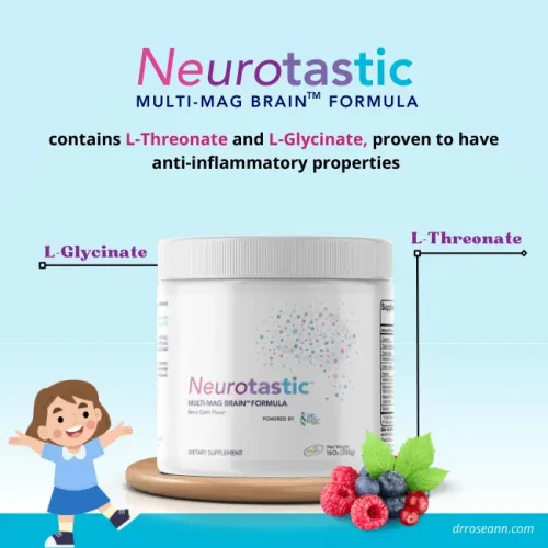 Infographic promoting Neurotastic Multi-Mag Brain Formula by Dr. Roseann, featuring ingredients L-Threonate and L-Glycinate known for their anti-inflammatory and brain-supporting properties.