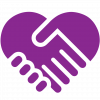 A purple handshake icon on a black background.