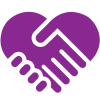 A purple handshake icon on a black background.