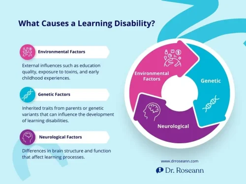 What Causes a Learning Disability? | Dr. Roseann Infographic explaining causes of learning disabilities: environmental factors such as education quality and toxins, genetic factors inherited from parents, and neurological factors related to brain structure and function.