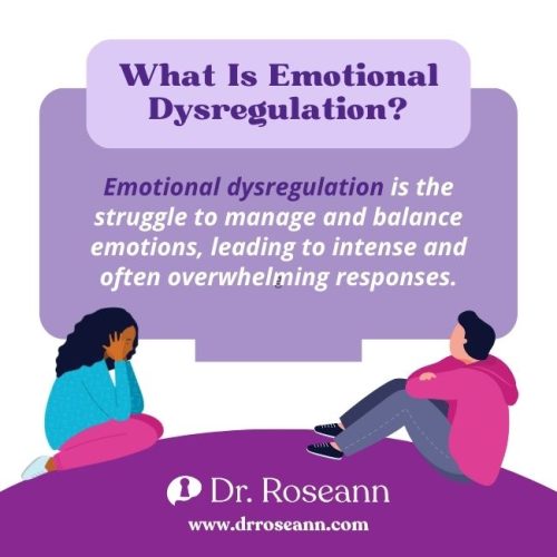infographic reading "emotional dysregulation is the struggle to manage and balance emotions, leading to intense, and often overwhelming responses"