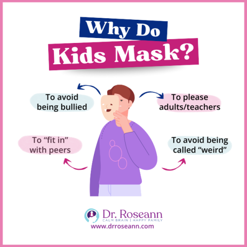 An image of a child holding a mask, with text describing reasons for Autism Masking, such as to fit in and avoid being bullied.