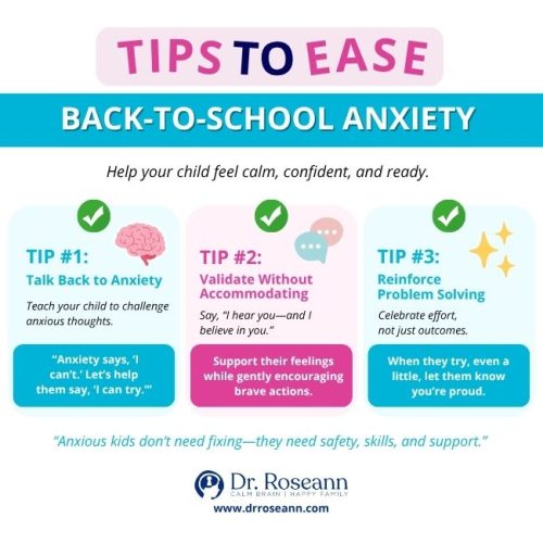 Tips to ease back to school anxiety in kids using reassurance, validation, and problem-solving.