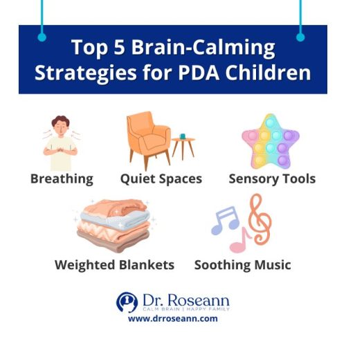 An infographic showing 5 strategies for calming PDA children: breathing, quiet spaces, sensory tools, weighted blankets, and soothing music.