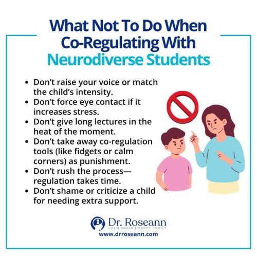Co Regulation in the Classroom: What Not to Do Infographic on what not to do when co-regulating with neurodiverse students, including avoiding yelling, forcing eye contact, giving long lectures, and shaming.
