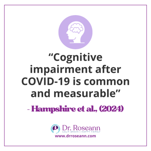 Quote from Hampshire et al. (2024) stating "Cognitive impairment after COVID-19 is common and measurable," linking it to post-COVID brain fog.