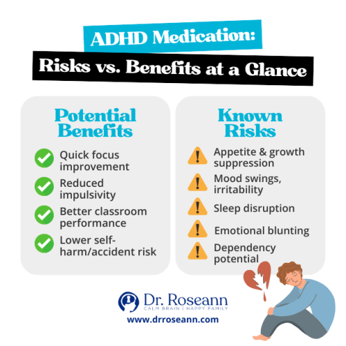 Dangers of Medication | ADHD Risks vs Benefits Infographic showing dangers of medication for ADHD, including mood swings, sleep disruption, and dependency risks